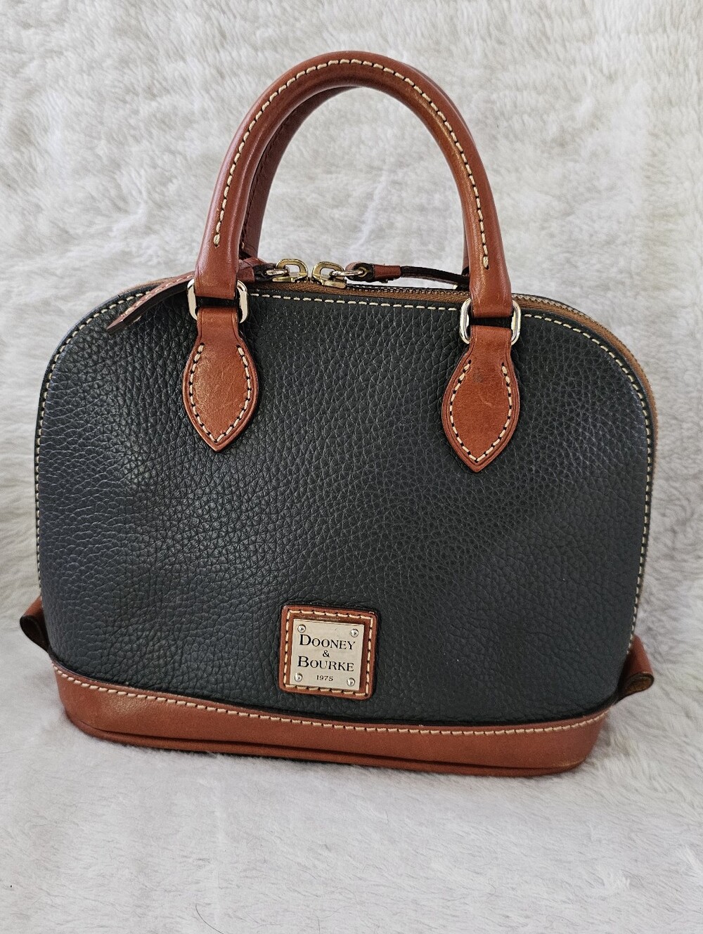 Dooney & Bourke Black Pebbled Leather Satchel with Brown Trim 1975